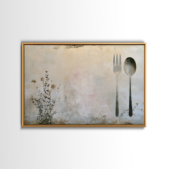 Minimal Fork Spoon and Herb Composition Framed Canvas Print, Dining Room Art, Kitchen Decor, Dining Room Decor, Oil Painting, DRA-3x2-50