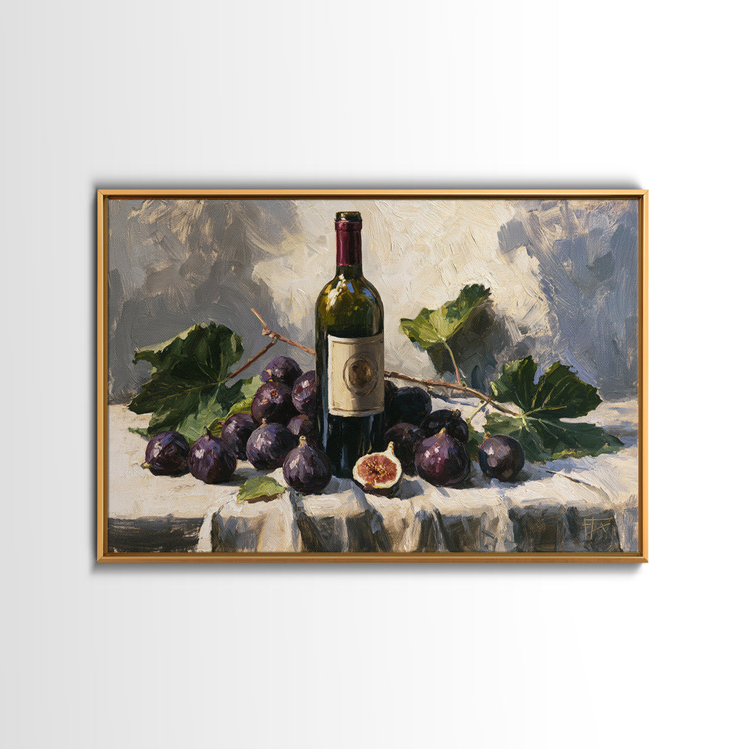 Wine Bottle and Figs on a Linen Framed Canvas Print, Dining Room Art, Boho Decor, Dining Room Decor, Abstract Art, Dining, DRA-3x2-55