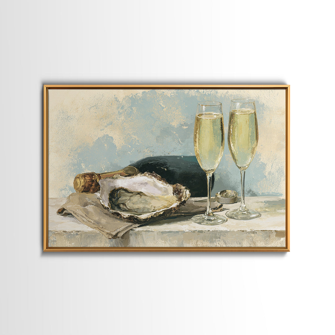 Elegant Oyster and Champagne Still Life Framed Canvas Print, Dining Room Art, Kitchen Prints, Dining Room Decor, Oil Painting, DRA-3x2-59