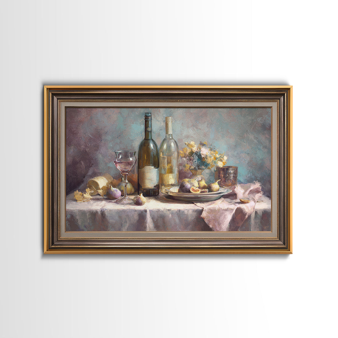 Wine Bottle and Figs on a Linen Framed Canvas Print, Dining Room Art, Statement Artwork, Dining Room Decor, Fine Art, Dining, DRA-3x2-7