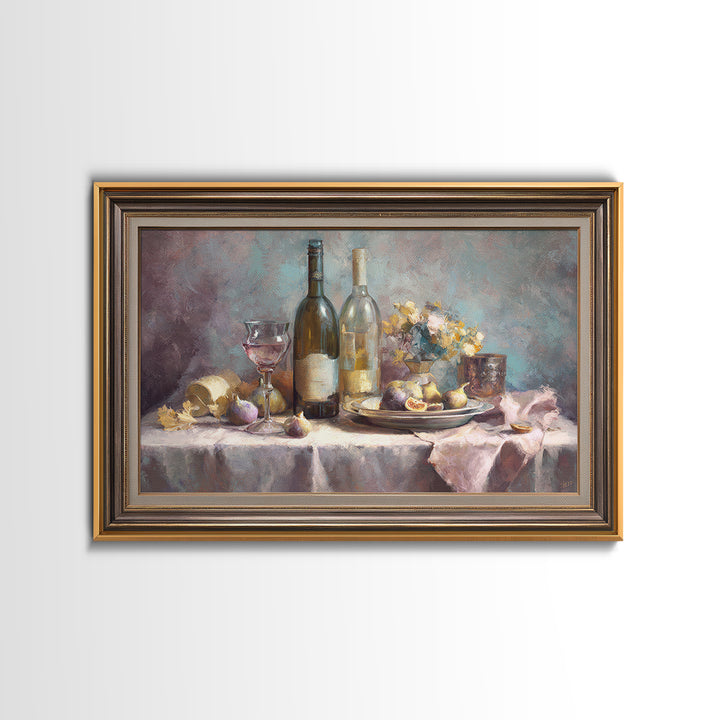 Wine Bottle and Figs on a Linen Framed Canvas Print, Dining Room Art, Statement Artwork, Dining Room Decor, Fine Art, Dining, DRA-3x2-7