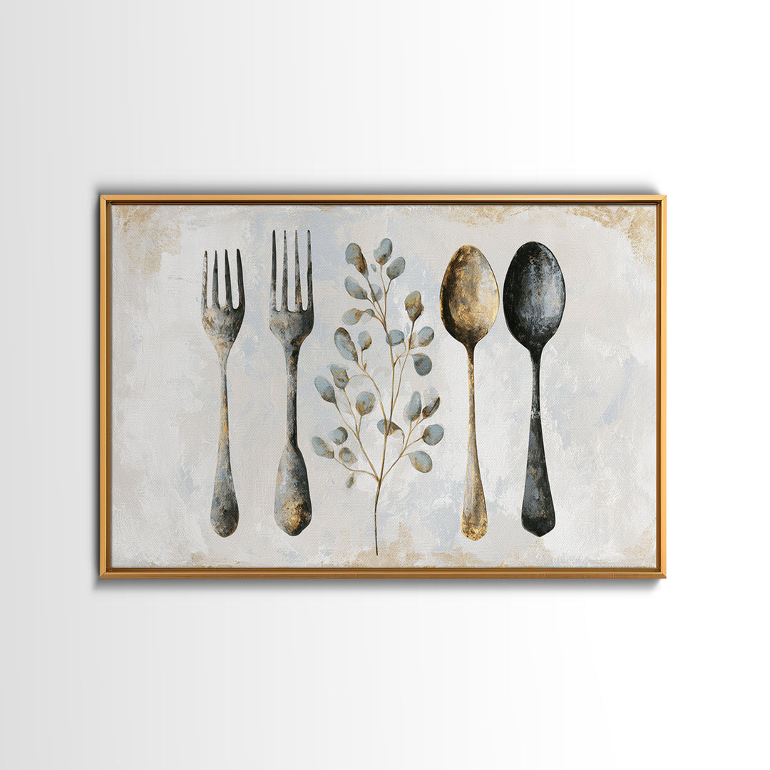 Minimal Fork Spoon and Herb Composition Framed Canvas Print, Dining Room Art, Kitchen Decor, Dining Room Decor, Oil Painting, DRA-3x2-74