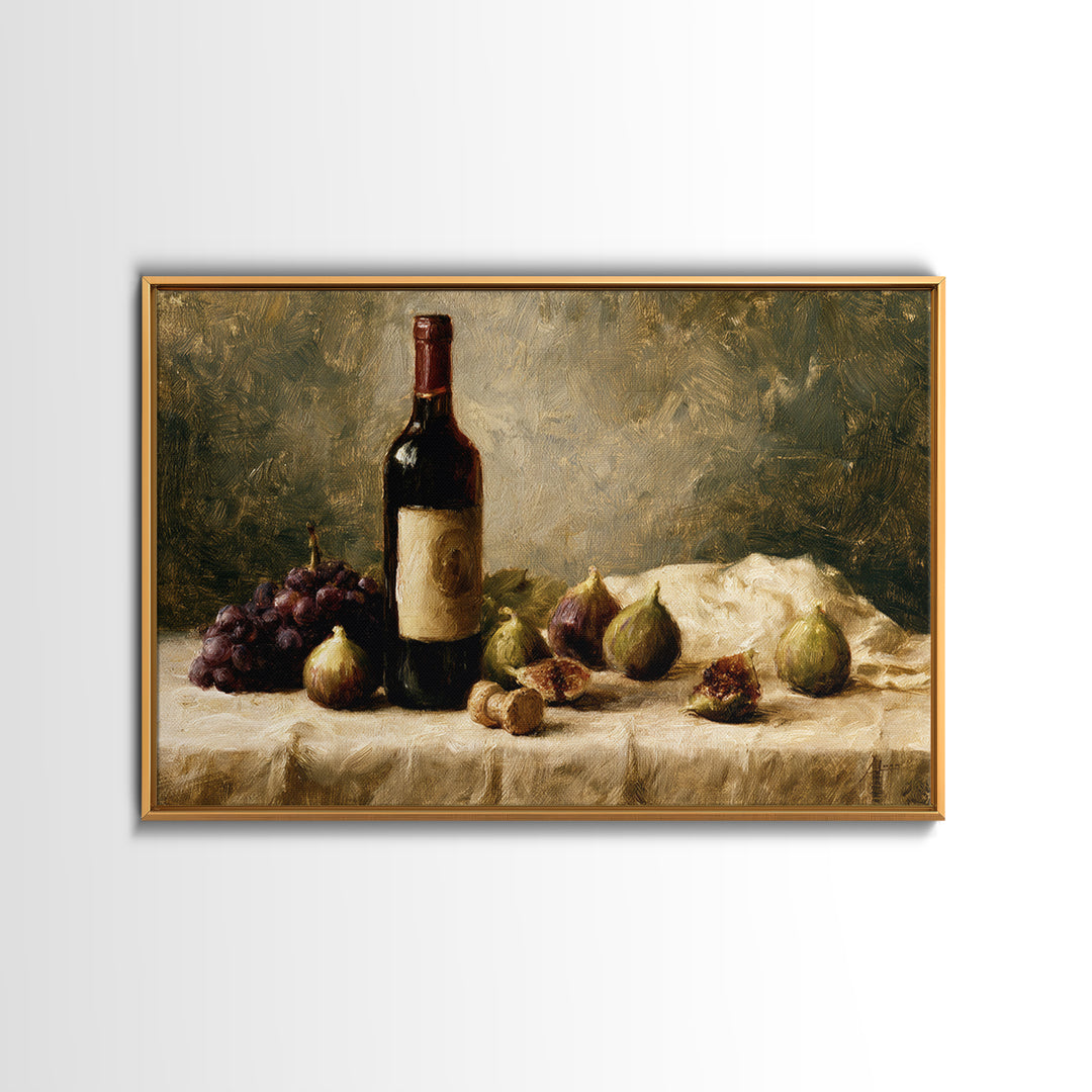Wine Bottle and Figs on a Linen Framed Canvas Print, Dining Room Art, Kitchen Art, Dining Room Decor, Abstract Art, Dining, DRA-3x2-79