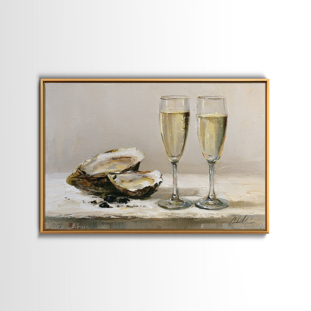 Elegant Oyster and Champagne Still Life Canvas Print, Dining Room Art, Neutral Decor, Dining Room Decor, Fine Art, Dining, DRA-3x2-83