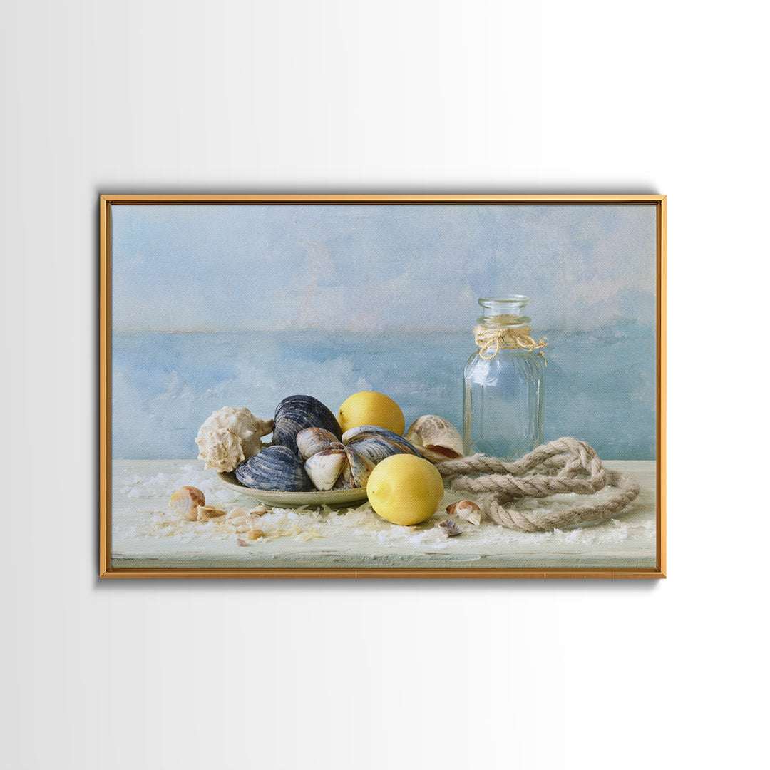 Shellfish and Lemon Still Life Framed Canvas Print, Dining Room Art, Trendy Wall Art, Dining Room Decor, Fine Art, Dining, DRA-3x2-92