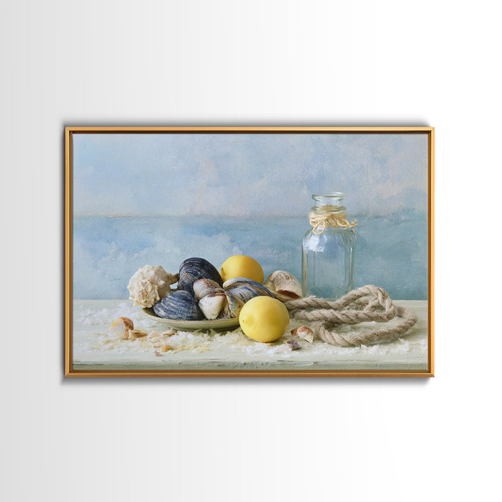 Shellfish and Lemon Still Life Framed Canvas Print, Dining Room Art, Trendy Wall Art, Dining Room Decor, Fine Art, Dining, DRA-3x2-92