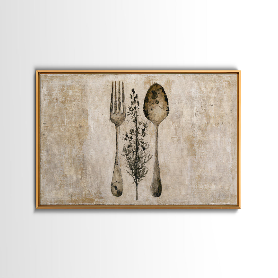 Minimal Fork Spoon and Herb Composition Canvas Print, Dining Room Art, Living Room Decor, Dining Room Decor, Fine Art, Dining, DRA-3x2-98