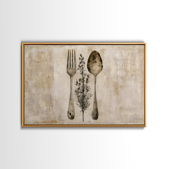 Minimal Fork Spoon and Herb Composition Canvas Print, Dining Room Art, Living Room Decor, Dining Room Decor, Fine Art, Dining, DRA-3x2-98