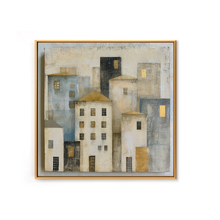 Naive Cityscape with Patterned Windows Framed Canvas Print, Eclectic Art, Art, Living Room Decor, Fine Art, Eclectic, ECL-1x1-12