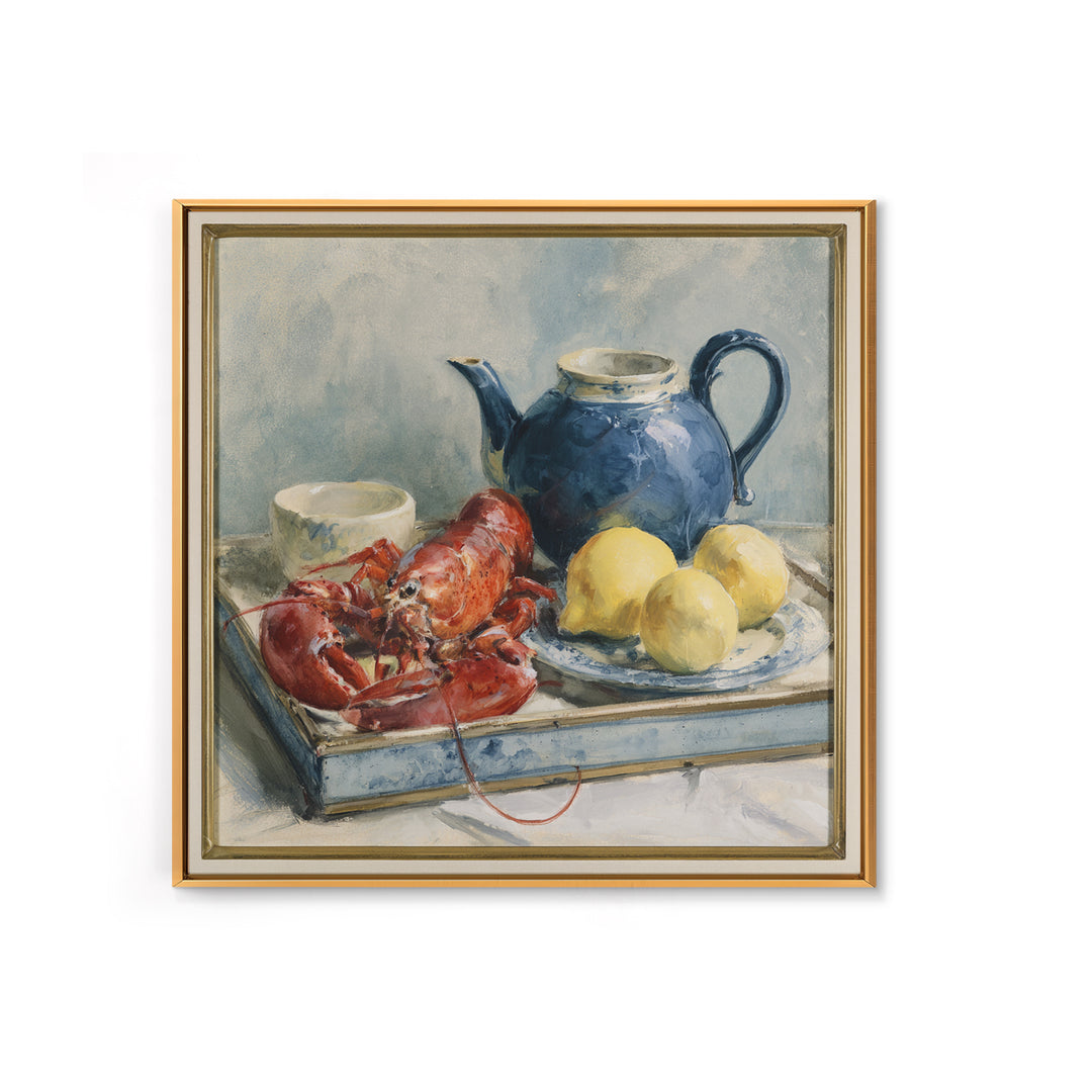 Unexpected Lobster and Lemons Still Life Framed Canvas Print, Eclectic Art, Fine Art Print, Living Room Decor, Abstract Art, ECL-1x1-42