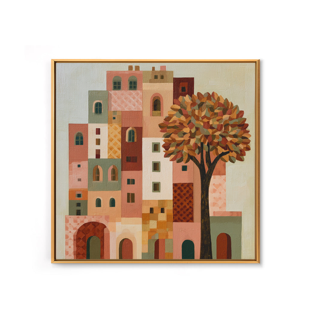 Naive Cityscape with Patterned Windows Canvas Print, Eclectic Art, Portrait, Living Room Decor, Eclectic, Modern Decor, ECL-1x1-60