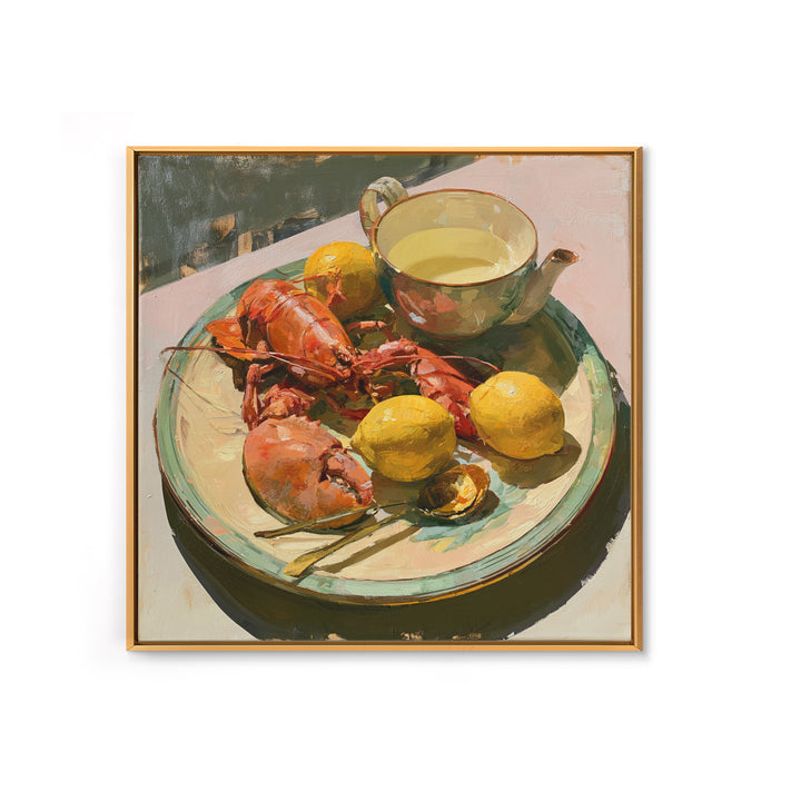 Unexpected Lobster and Lemons Still Life Framed Canvas Print, Eclectic Art, Fine Art Print, Living Room Decor, Abstract Art, ECL-1x1-66