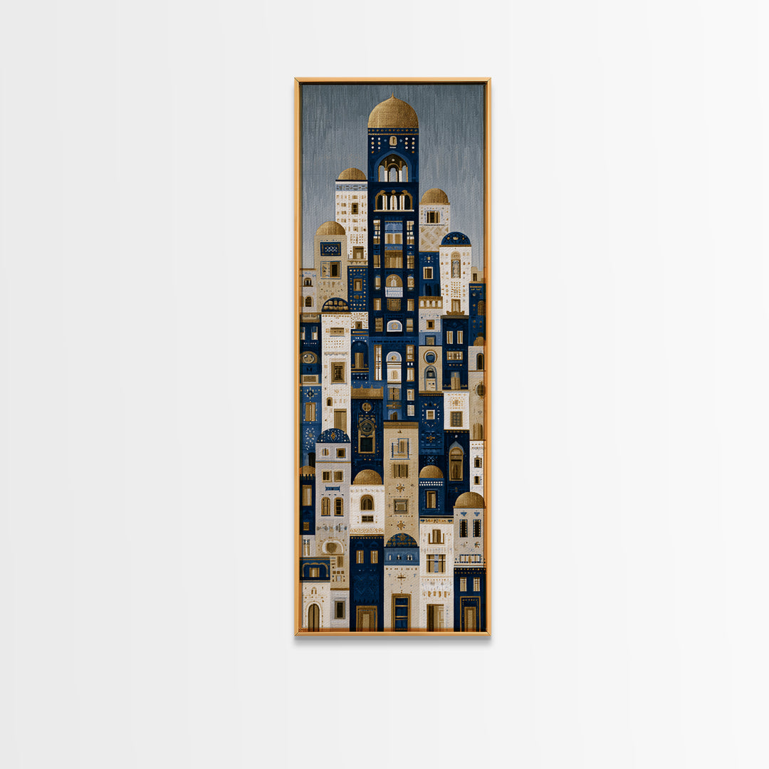 Naive Cityscape with Patterned Windows Framed Canvas Print, Eclectic Art, Portrait, Living Room Decor, Fine Art, Eclectic, ECL-1x3-24