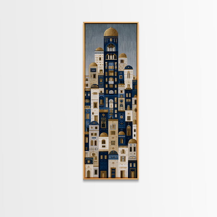Naive Cityscape with Patterned Windows Framed Canvas Print, Eclectic Art, Portrait, Living Room Decor, Fine Art, Eclectic, ECL-1x3-24