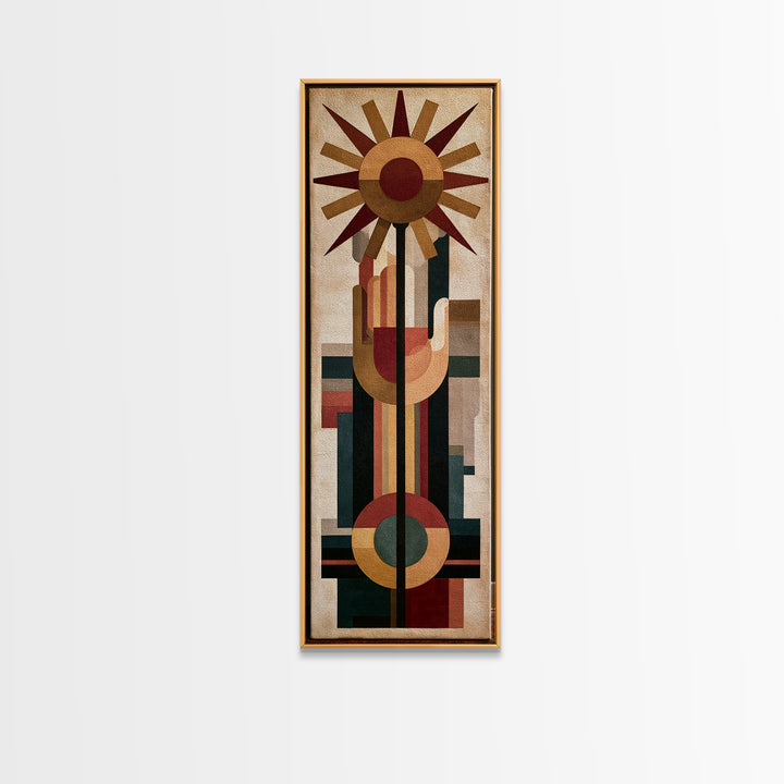 Geometric Sun and Hand Motif Framed Canvas Print, Eclectic Art, Boho Decor, Living Room Decor, Abstract Art, Eclectic, ECL-1x3-3