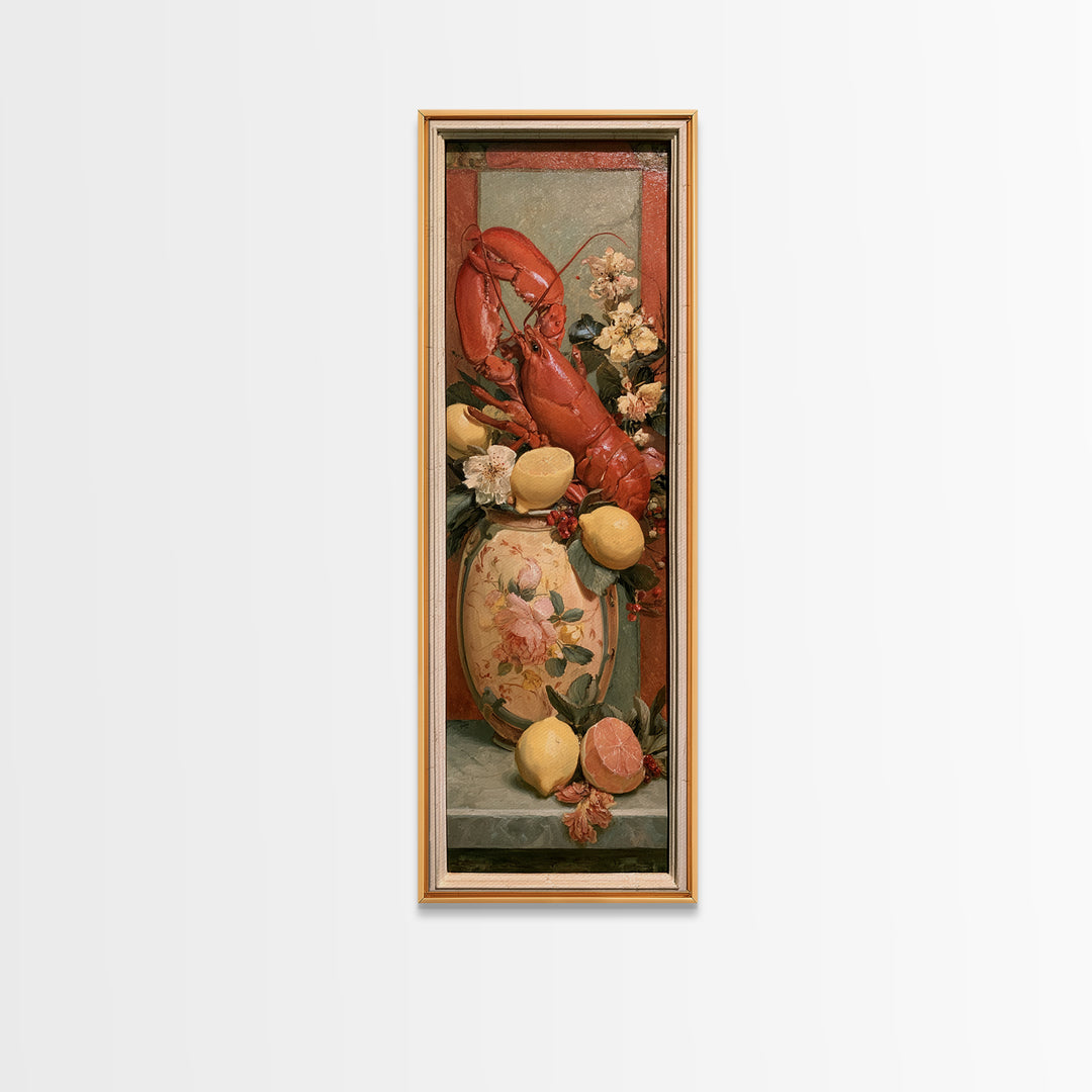 Unexpected Lobster and Lemons Still Life Framed Canvas Print, Eclectic Art, Living Room Decor, Oil Painting, Eclectic, ECL-1x3-54