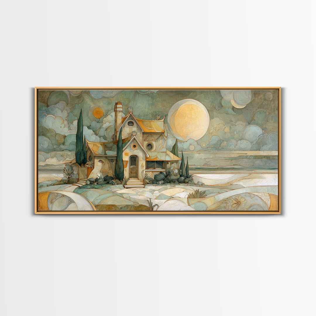Folk Art House Framed Canvas Print, Eclectic Art, Digital Print, Living Room Decor, Watercolor Art, Eclectic, Fine Art Print, ECL-2x1-51