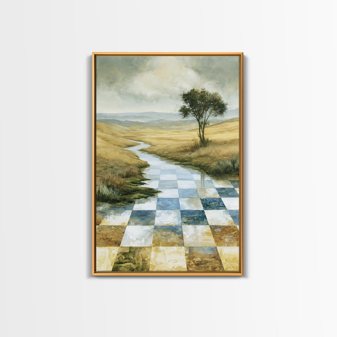 Playful Checkerboard Landscape Framed Canvas Print, Eclectic Art, Dopamine Decor, Living Room Decor, Fine Art, Eclectic, ECL-2x3-17