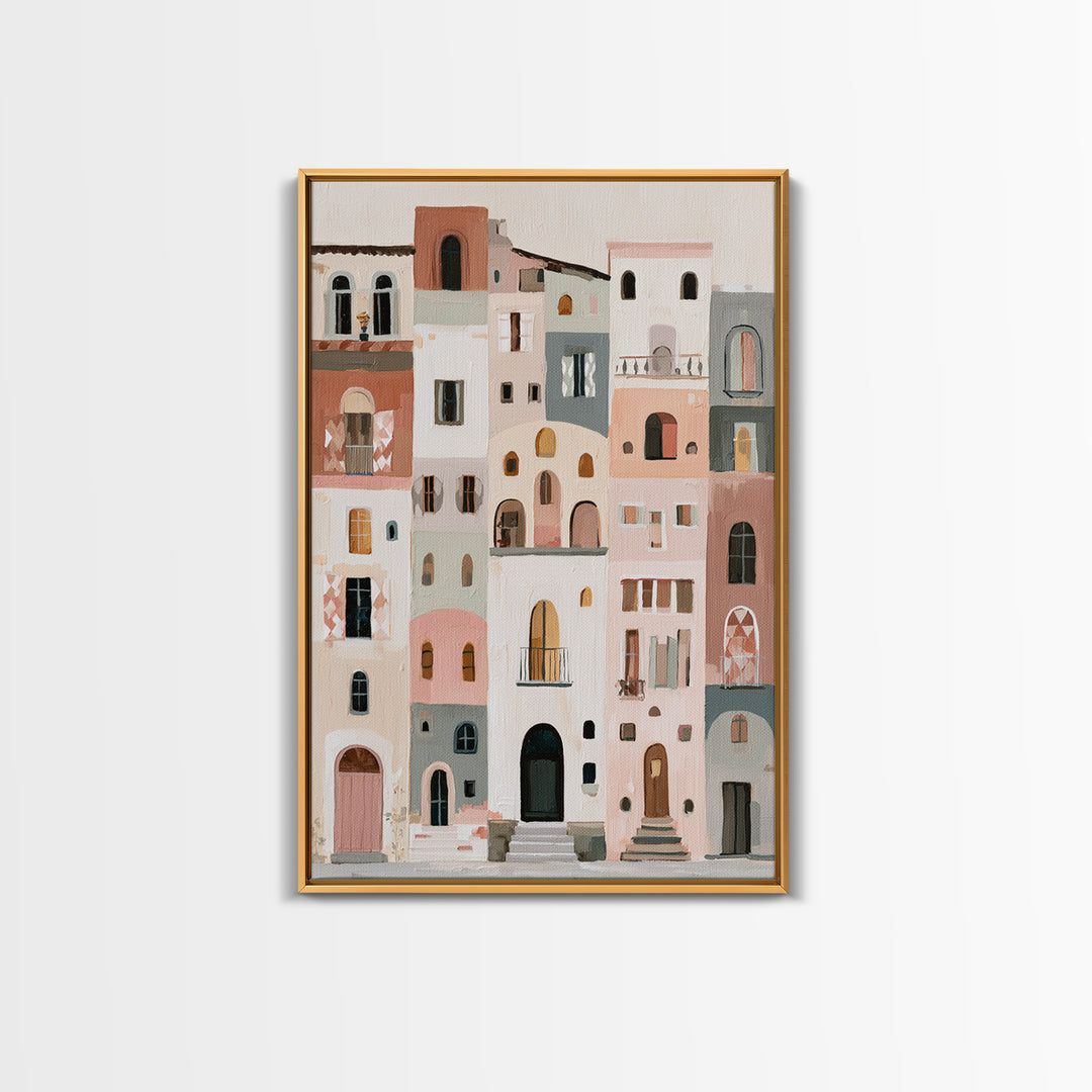 Naive Cityscape with Patterned Windows Framed Canvas Print, Eclectic Art, Neutral Decor, Living Room Decor, Oil Painting, ECL-2x3-20