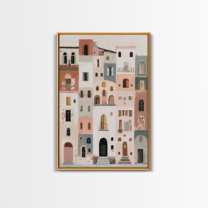 Naive Cityscape with Patterned Windows Framed Canvas Print, Eclectic Art, Neutral Decor, Living Room Decor, Oil Painting, ECL-2x3-20
