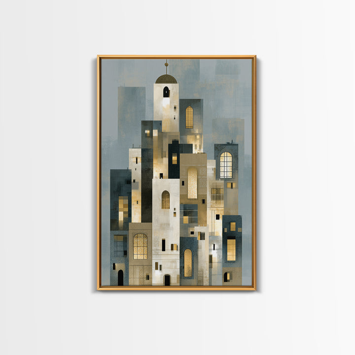 Naive Cityscape with Patterned Windows Framed Canvas Print, Eclectic Art, Living Room Decor, Watercolor Art, Eclectic, ECL-2x3-44