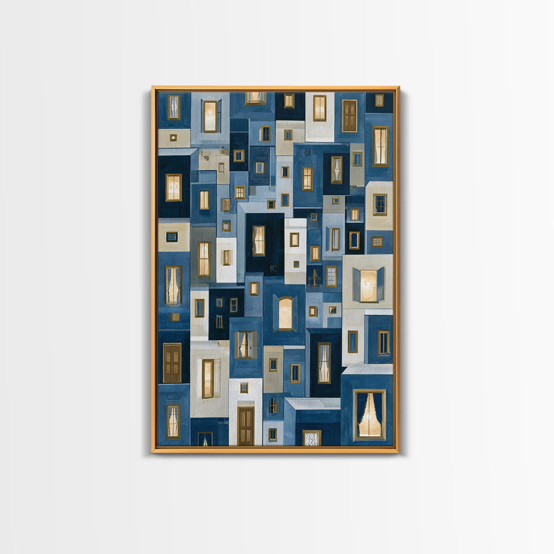 Naive Cityscape with Patterned Windows Framed Canvas Print, Eclectic Art, Luxury Decor, Living Room Decor, Fine Art, Eclectic, ECL-2x3-68