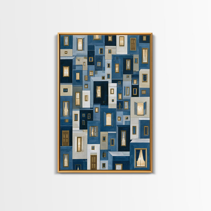 Naive Cityscape with Patterned Windows Framed Canvas Print, Eclectic Art, Luxury Decor, Living Room Decor, Fine Art, Eclectic, ECL-2x3-68