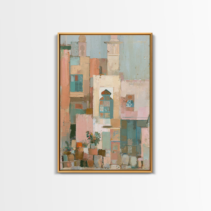 Naive Cityscape with Patterned Windows Framed Canvas Print, Eclectic Art, Original Art, Living Room Decor, Abstract Art, ECL-2x3-92