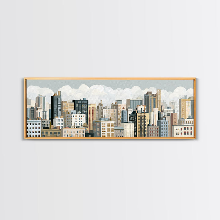 Naive Cityscape with Patterned Windows Canvas Print, Eclectic Art, Oil Painting, Living Room Decor, Abstract Art, Eclectic, ECL-3x1-100