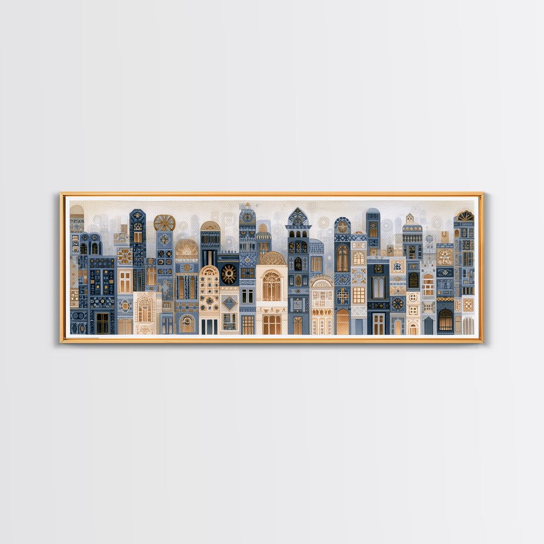 Naive Cityscape with Patterned Windows Framed Canvas Print, Eclectic Art, Home Decor, Living Room Decor, Abstract Art, Eclectic, ECL-3x1-52