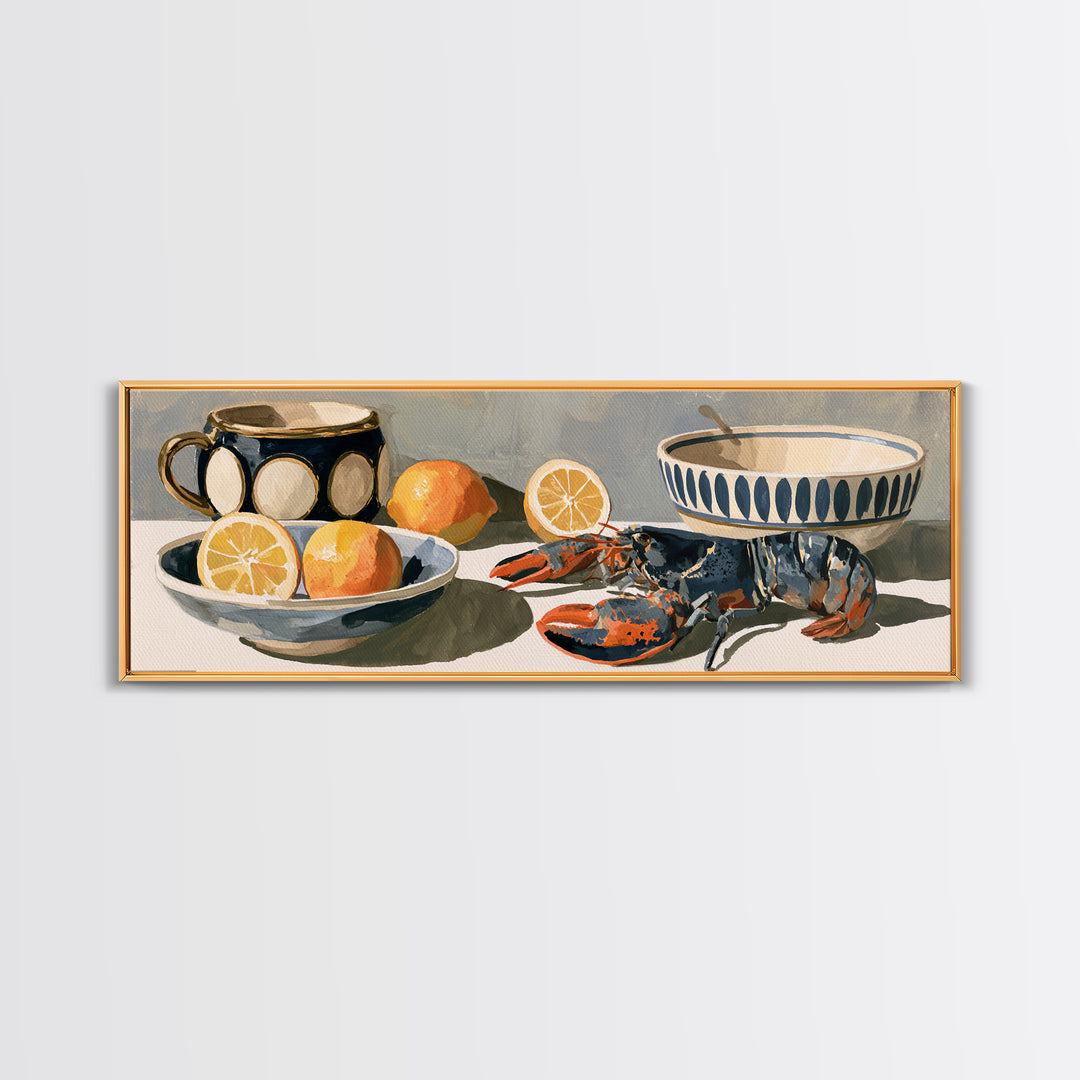 Unexpected Lobster and Lemons Still Life Framed Canvas Print, Eclectic Art, Dopamine Decor, Living Room Decor, Eclectic, ECL-3x1-58