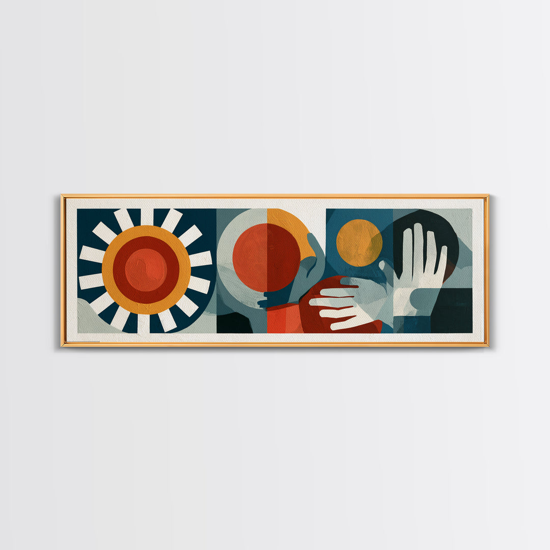 Geometric Sun and Hand Motif Framed Canvas Print, Eclectic Art, Contemporary Art, Living Room Decor, Abstract Art, Eclectic, ECL-3x1-7
