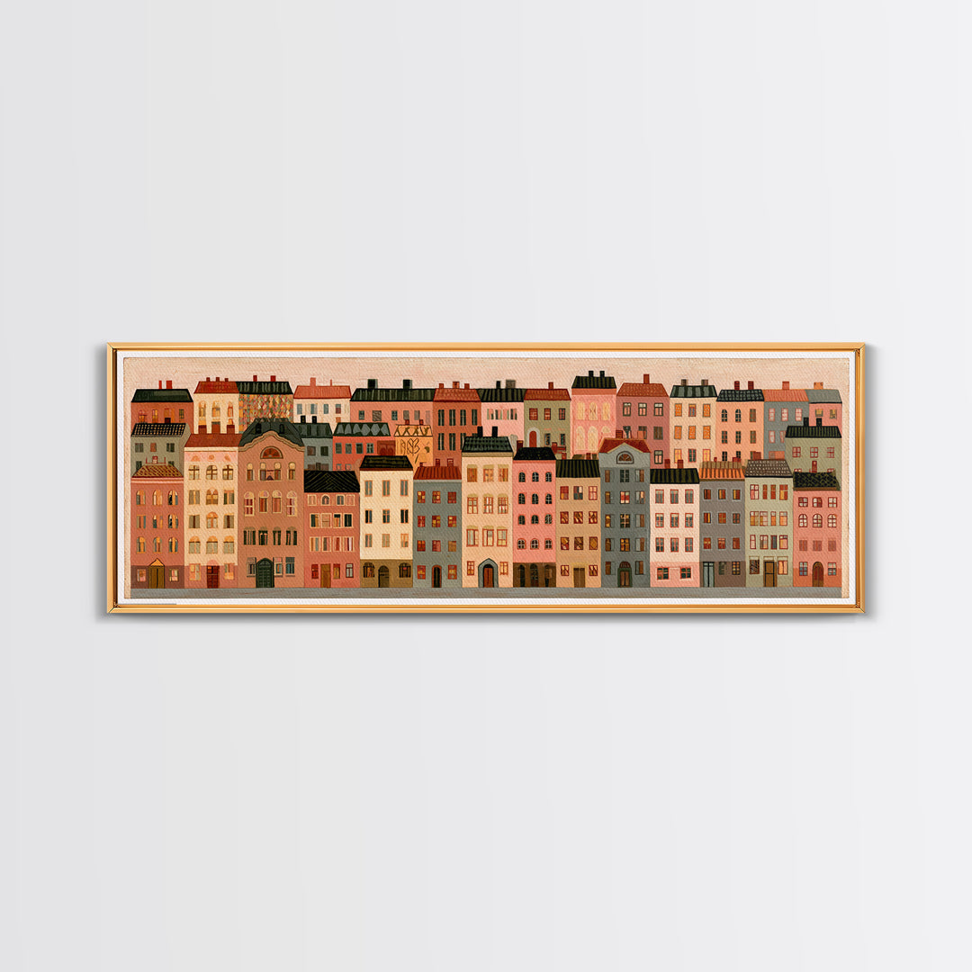 Naive Cityscape with Patterned Windows Canvas Print, Eclectic Art, Art Prints, Living Room Decor, Fine Art, Eclectic, ECL-3x1-76