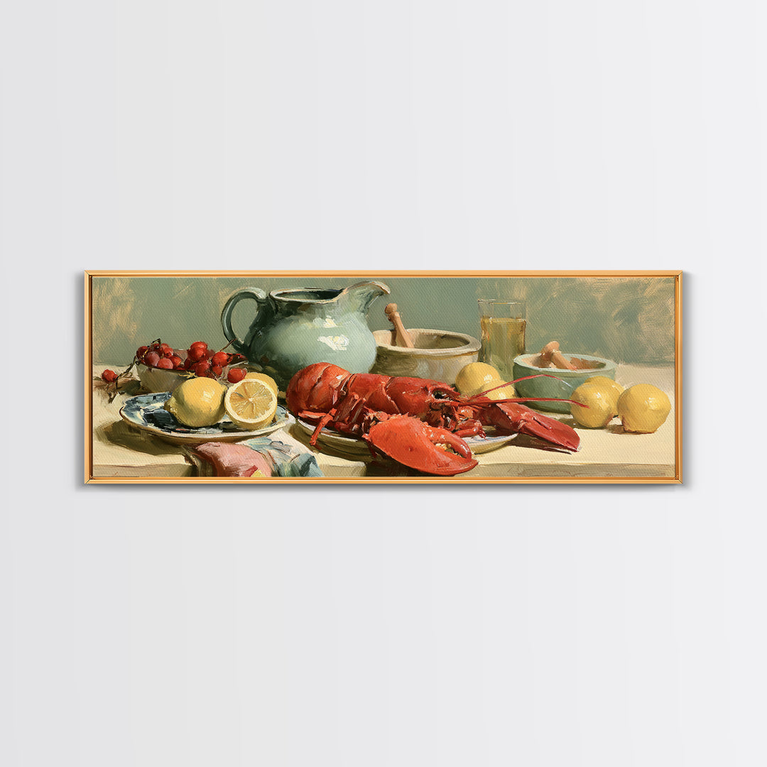 Unexpected Lobster and Lemons Still Life Framed Canvas Print, Eclectic Art, Dopamine Decor, Living Room Decor, Eclectic, ECL-3x1-82
