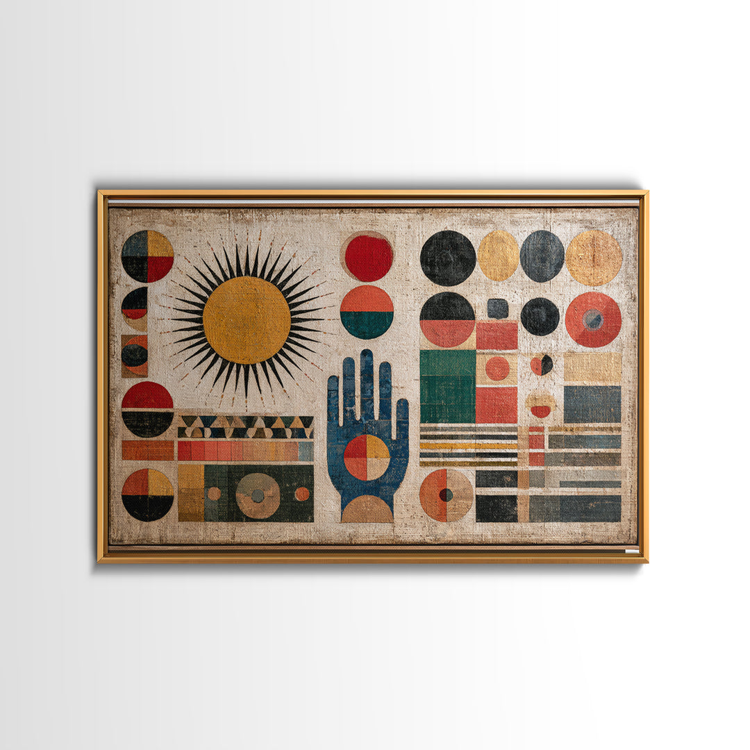 Geometric Sun and Hand Motif Framed Canvas Print, Eclectic Art, Boho, Living Room Decor, Abstract Art, Eclectic, ECL-3x2-19
