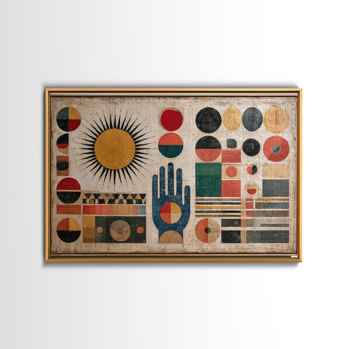 Geometric Sun and Hand Motif Framed Canvas Print, Eclectic Art, Boho, Living Room Decor, Abstract Art, Eclectic, ECL-3x2-19