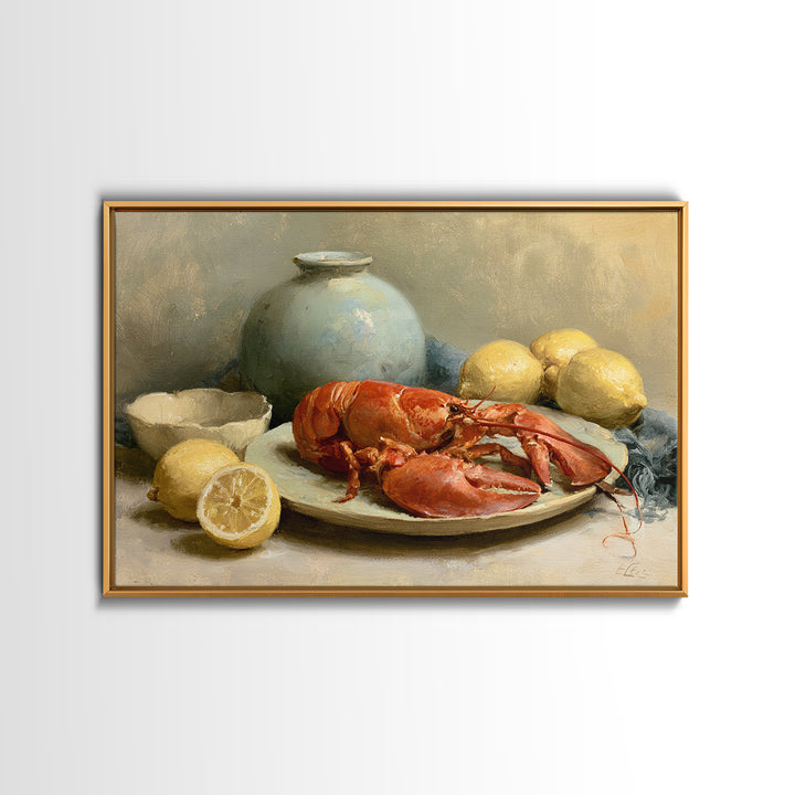 Unexpected Lobster and Lemons Still Life Canvas Print, Eclectic Art, Boho Wall Art, Living Room Decor, Oil Painting, Eclectic, ECL-3x2-22