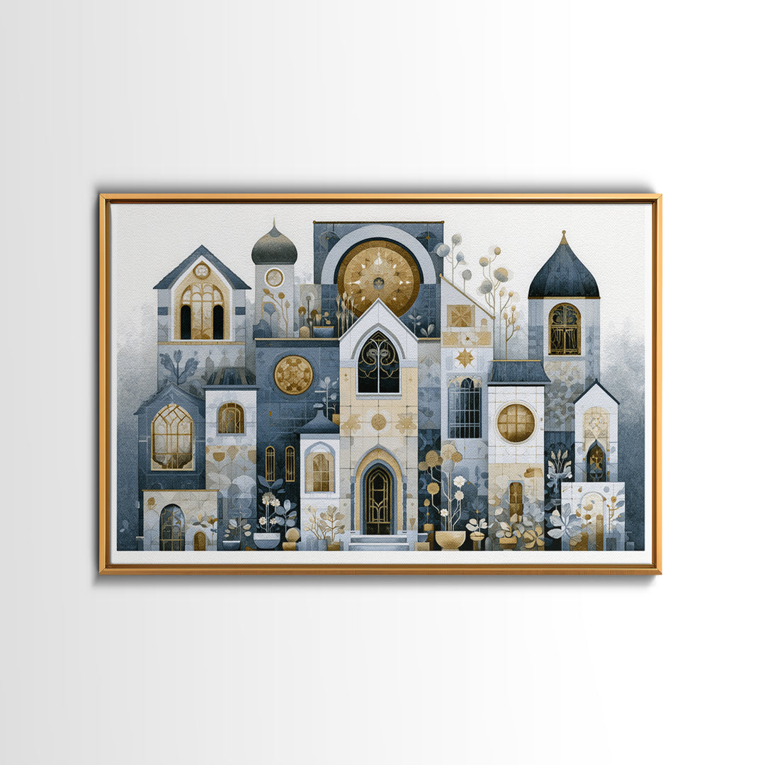 Naive Cityscape with Patterned Windows Framed Canvas Print, Eclectic Art, Art Prints, Living Room Decor, Oil Painting, Eclectic, ECL-3x2-40