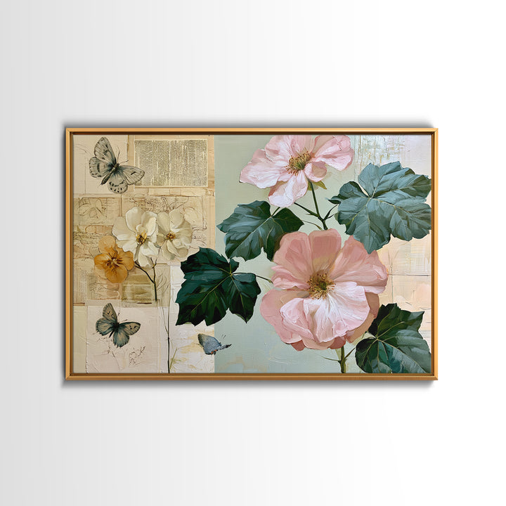 Botanical Collage with Butterflies and Old Paper Framed Canvas Print, Eclectic Art, Wall Decor, Living Room Decor, Eclectic, ECL-3x2-41