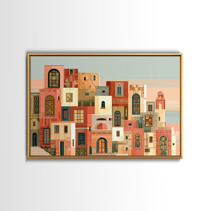 Naive Cityscape with Patterned Windows Framed Canvas Print, Eclectic Art, Original Art, Living Room Decor, Abstract Art, ECL-3x2-64
