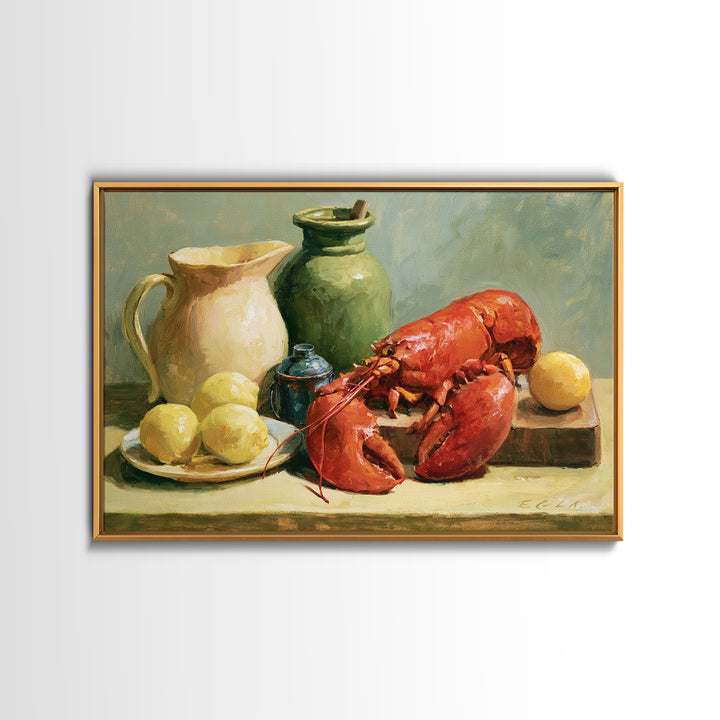 Unexpected Lobster and Lemons Still Life Framed Canvas Print, Eclectic Art, Neutral Decor, Living Room Decor, Eclectic, ECL-3x2-70