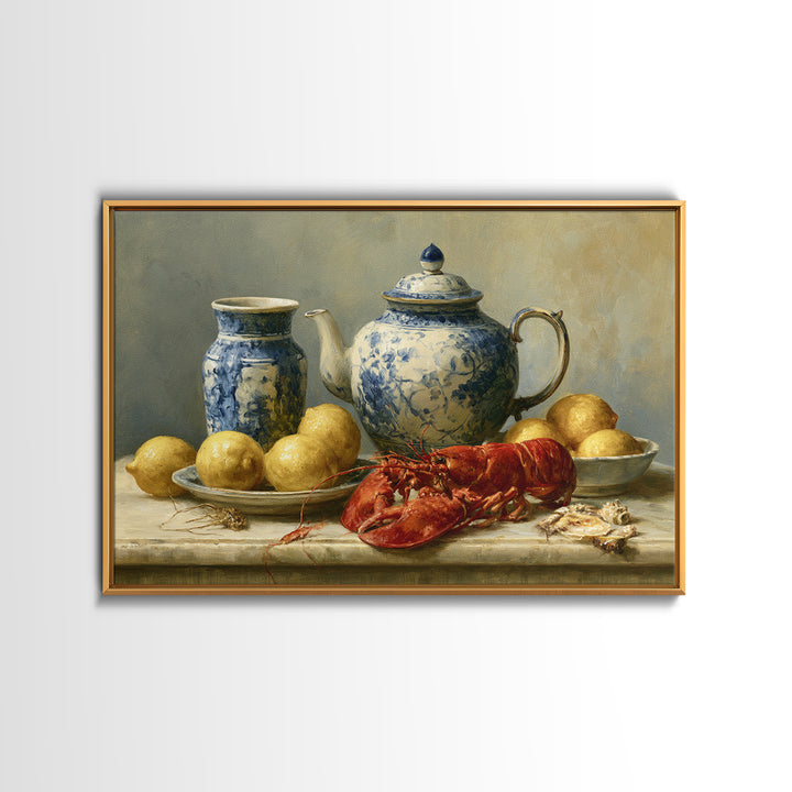 Unexpected Lobster and Lemons Still Life Canvas Print, Eclectic Art, Living Room Decor, Abstract Art, Eclectic, ECL-3x2-94