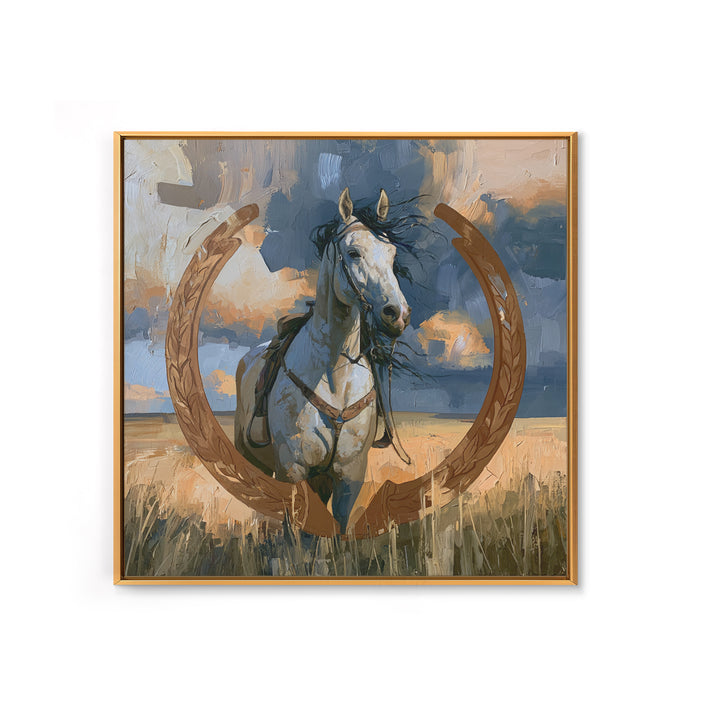 Equestrian Crest with Laurel and Horseshoe Canvas Print, Equestrian Art, Western Decor, Living Room Decor, Oil Painting, EQU-1x1-22