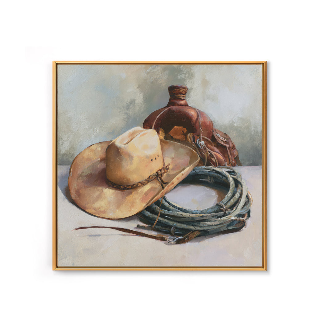 Cowgirl Hat and Reins Still Life Canvas Print, Equestrian Art, Western Decor, Living Room Decor, Fine Art, Equestrian, EQU-1x1-35