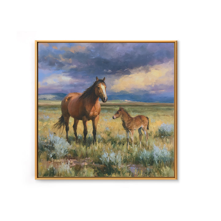 Horse and Foal Canvas Print, Equestrian Art, Digital Print, Living Room Decor, Equestrian, Moody Wall Art, Green Wall Art, EQU-1x1-36