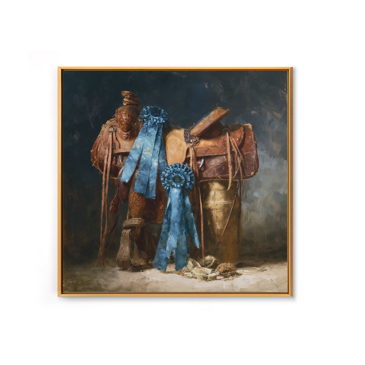 Blue Ribbon and Saddle Competition Still Life Canvas Print, Equestrian Art, Gallery Decor, Living Room Decor, Equestrian, EQU-1x1-41