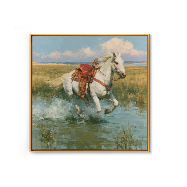 White Horse Running Through Shallow Water Canvas Print, Equestrian Art, Retro Poster, Living Room Decor, Fine Art, Equestrian, EQU-1x1-5