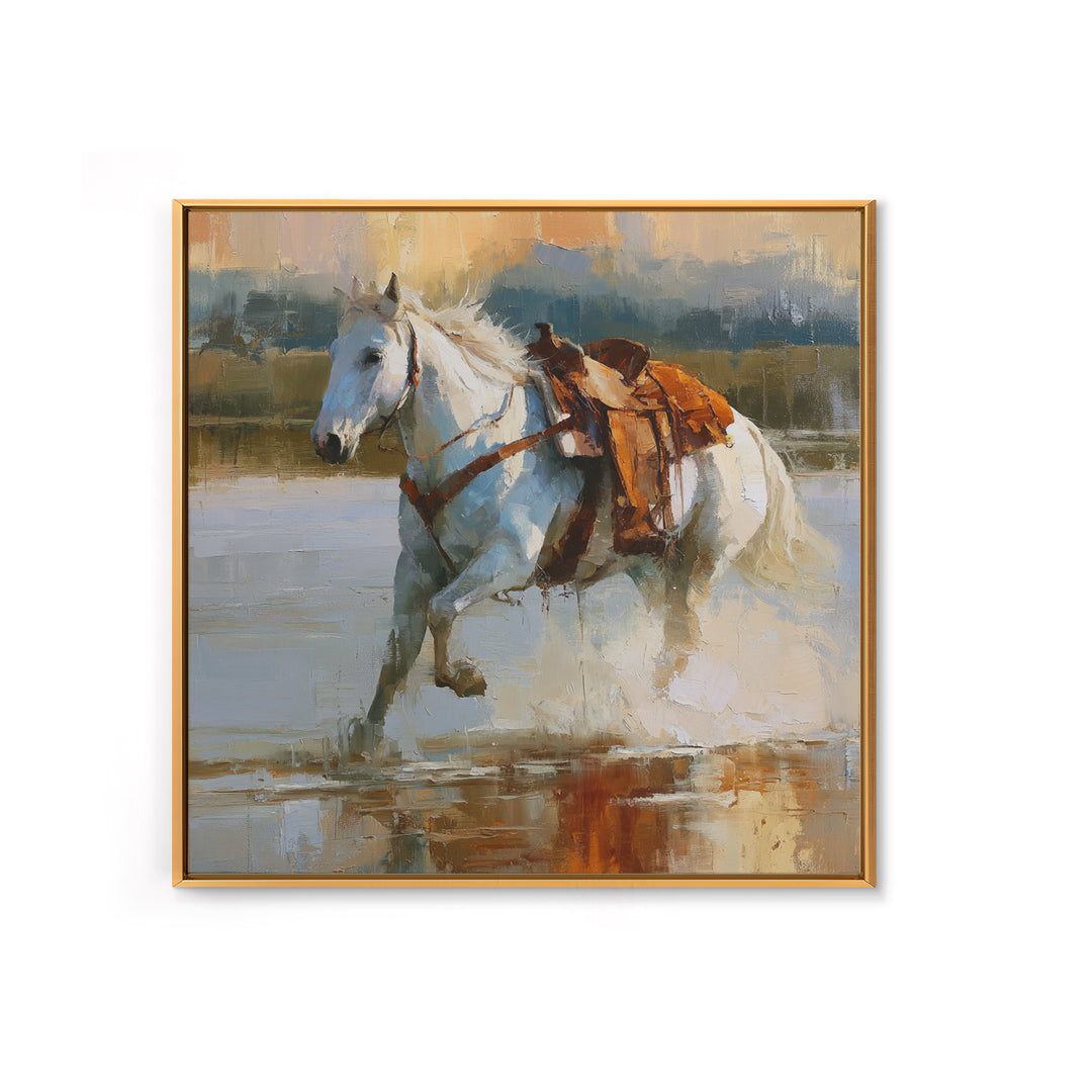 White Horse Running Through Shallow Water Framed Canvas Print, Equestrian Art, Fine Art Print, Living Room Decor, Equestrian, EQU-1x1-53