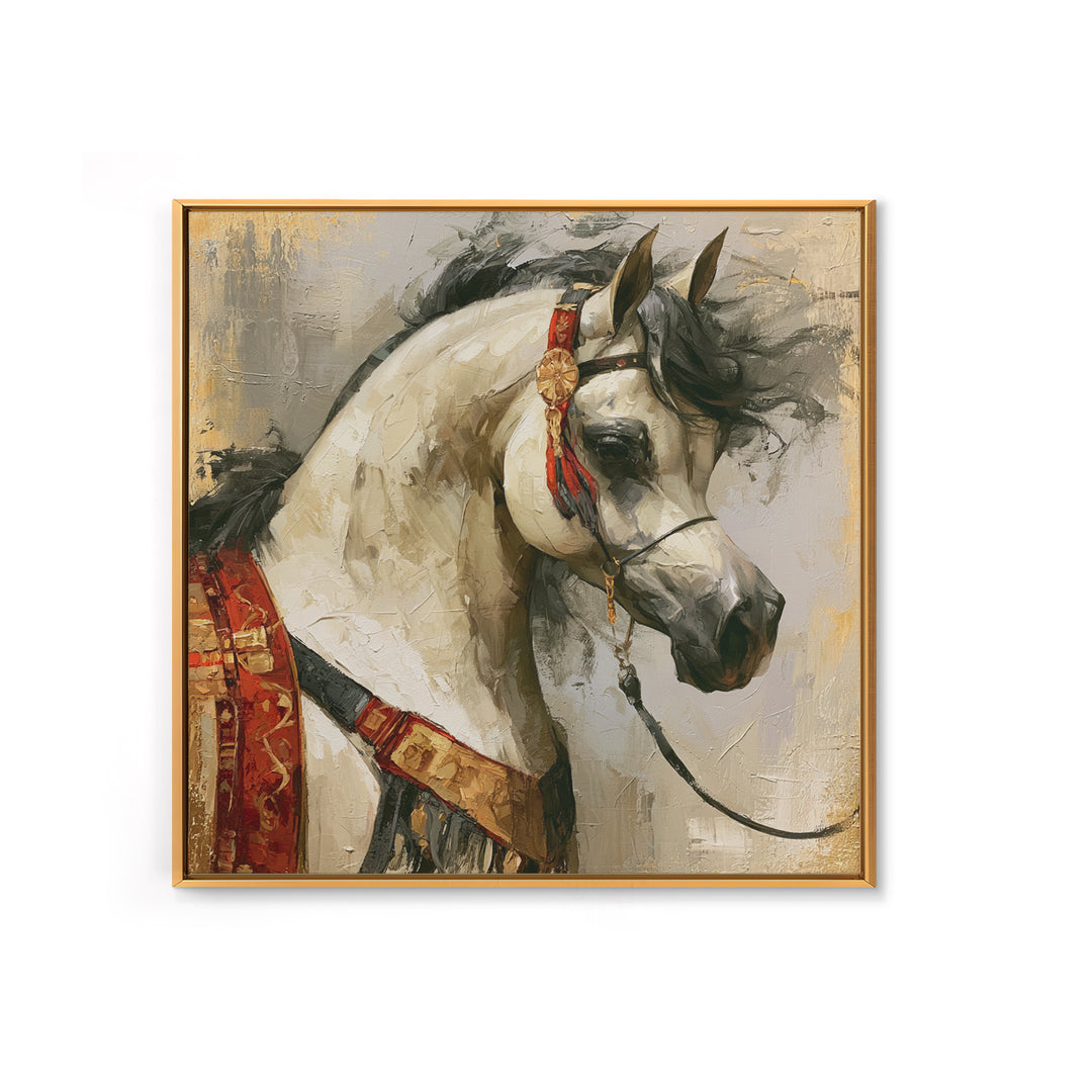 Arabian Horse with Ornate Tack and Silk Canvas Print, Equestrian Art, Antique Oil Painting, Living Room Decor, Equestrian, EQU-1x1-63