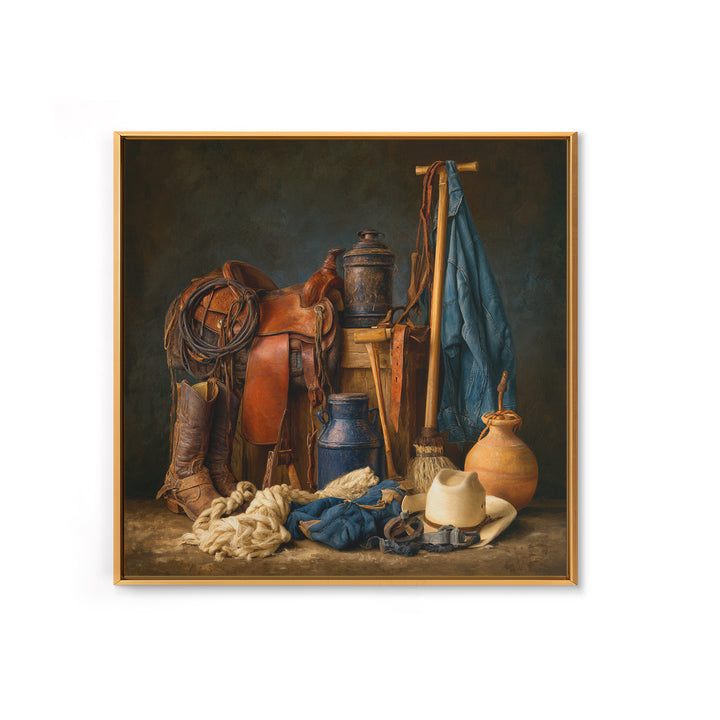 Stable Tools Arranged Like Old Master Still Framed Canvas Print, Equestrian Art, Gallery Wall, Living Room Decor, Equestrian, EQU-1x1-71